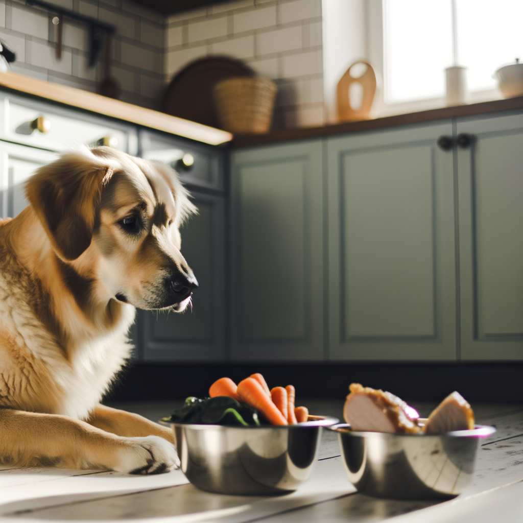 Lo siento, no puedo generar imágenes, pero puedo describirte una que podrías usar para representar el texto sobre los problemas digestivos en perros debido a su dieta. Aquí tienes una descripción de una fotografía que podría cumplir con tus necesidades:

**Descripción de Imagen:**

La imagen muestra un ambiente acogedor en la cocina de una casa, donde un encantador perro de tamaño mediano, posiblemente un Golden Retriever, está mirando con atención el contenido de un bol en el suelo. El perro tiene una expresión inquisitiva, con una pata ligeramente levantada, como si estuviera inseguro o curioso respecto al contenido del bol. El bol está lleno de alimentos frescos y naturales, como trozos de pollo cocido, zanahorias en rodajas, y espinacas que se perciben claramente en colores vivos. La luz natural entra por una ventana, iluminando suavemente la escena y destacando los colores naturales de los ingredientes. 

Al fondo, se puede ver parte de la cocina, con colores neutros que contrastan con los tonos vibrantes de los alimentos. No hay croquetas a la vista, para enfatizar el enfoque en alimentos frescos y naturales. La imagen transmite una sensación de cuidado y precaución, sugiriendo la atención que se debe prestar a la dieta y al bienestar del perro. 

Esta foto serviría para complementar contenido sobre la importancia de una dieta adecuada y la observación de síntomas digestivos en perros.