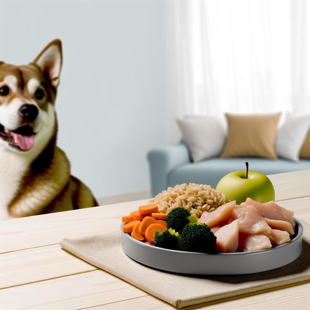 Para capturar la esencia del texto sobre la alimentación y el bienestar canino, una imagen realista que podrías crear podría incluir los siguientes elementos:

1. **Plato de Comida Natural**: En lugar de croquetas, utiliza un plato grande con ingredientes naturales y frescos para perros. Podrían incluirse trozos de pollo cocido, arroz integral, zanahorias, brócoli y manzanas, dispuestos de manera atractiva en el plato para resaltar la diversidad y riqueza de la comida natural.

2. **Entorno Agradable**: Utiliza una mesa de madera clara como base, que aporte una sensación natural y cálida. Añadir un paño de cocina limpio y de color neutro debajo del plato podría agregar un toque de domesticidad.

3. **Luz Natural Suave**: Usa iluminación natural suave que se filtre a través de una ventana, creando un ambiente acogedor y tranquilo. Esto ayudará a que los colores de los ingredientes se vean vibrantes y apetitosos.

4. **Elemento Canino**: Captura a un perro de aspecto saludable, sentado o de pie cerca de la mesa, quizás mirándose con interés hacia el plato de comida. Asegúrate de que el perro luzca bien cuidado, con un pelaje brillante, que transmita salud y vitalidad.

5. **Fondo Neutral**: Mantén el fondo minimalista y despejado, quizás con un color claro o una textura suave, que no desvíe la atención del plato de comida y el perro. Puedes incluir plantas o decoraciones sutiles que mejoren la sensación de un espacio hogareño y natural.

Esta combinación de elementos ayudará a transmitir el mensaje de la importancia de una dieta equilibrada y natural, reflejando los beneficios en la salud y el comportamiento de los perros en un contexto visualmente atractivo y aspiracional.