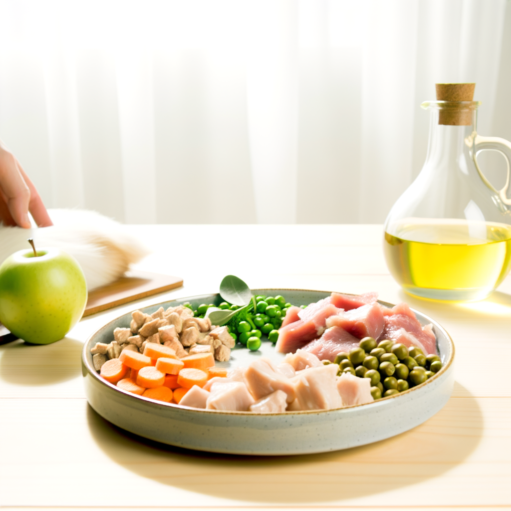 Para crear una imagen que refleje el impacto de la dieta en el comportamiento canino, podríamos centrarnos en una fotografía que transmita la idea de alimentos naturales y equilibrados, mostrando ingredientes frescos y saludables que contribuyan al bienestar del perro. 

**Descripción de la Imagen:**

- **Fondo:** Una cocina luminosa y bien iluminada, con una mesa o encimera de madera clara que aporta calidez y naturalidad a la composición.

- **Elementos Principales:** Un plato de cerámica simple, pero elegante, colocado sobre la mesa, cargado con una selección de alimentos frescos y apetitosos, que podrían incluir:

  - Trozos de carne magra de pollo o ternera.
  - Verduras cortadas como zanahorias, guisantes, y espinacas.
  - Rodajas de manzana sin semillas o arándanos para un toque de color y sabor.
  - Algunas hierbas frescas como el perejil o el cilantro para añadir interés visual y nutricional.

- **Complementos:** Un frasco de vidrio con aceite de oliva o de pescado extravirgen a un lado, sugiriendo la adición de grasas saludables en la dieta.

- **Atmosfera:** Una sensación de frescura y bienestar, subrayada por la luz natural que ilumina los alimentos, resaltando sus texturas y colores vibrantes. Tal vez una mano humana a punto de alcanzar el plato, indicando el amor y cuidado involucrado al preparar una comida tan saludable para el perro.

Esta fotografía no solo debería enfocarse en la calidad y el atractivo visual de los ingredientes naturales y frescos, sino también en transmitir la idea de que una dieta bien balanceada puede impactar positivamente en la salud y comportamiento del perro, alejándolo de los efectos negativos del azúcar y los conservantes artificiales.