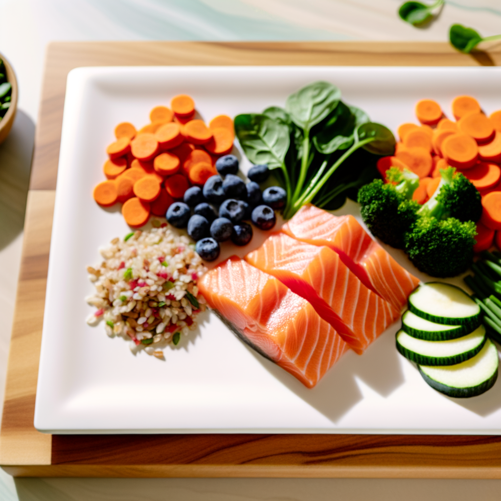 Para una imagen que capture la esencia del texto proporcionado sobre la dieta balanceada para perros, recomiendo crear una fotografía que muestre una presentación atractiva de alimentos frescos y saludables que sean beneficiosos para los perros. A continuación, describiré cómo debería ser esta imagen:

1. **Composición de Ingredientes**: La fotografía debe incluir un surtido de ingredientes frescos y coloridos que son conocidos por su valor nutricional para perros. Por ejemplo, puedes mostrar:
   - Un plato decorado con filetes de salmón o pollo, ricos en proteínas y ácidos grasos omega-3.
   - Vegetales variados como zanahorias, espinacas y brócoli que son ricos en vitaminas y minerales.
   - Frutas como arándanos o manzanas en pequeñas cantidades, conocidas por sus antioxidantes.
   - Granos integrales como arroz integral o quinoa que aportan fibra.

2. **Estilo de Presentación**: Siguiendo el estilo de las fotografías de referencia, presenta los ingredientes en un plato limpio y sencillo, con los alimentos frescos cortados y dispuestos de manera artística y apetecible, mostrando texturas y colores naturales.

3. **Iluminación y Enfoque**: Utiliza iluminación natural para resaltar los colores vibrantes de los ingredientes y aplicar un enfoque suave que centre la atención en la combinación equilibrada de la comida.

4. **Fondo y Ambiente**: Opta por un fondo neutro, como encimeras de cocina de madera o mármol, para dar un aspecto cálido y hogareño, poniendo en evidencia que estos son ingredientes que podrían ser naturalmente parte de la preparación de una comida.

5. **Elementos Sutiles**: Puedes incluir pequeñas hierbas o ramitas de perejil para añadir un toque de frescura y naturalidad en la imagen.

La clave es destacar la frescura y el equilibrio nutricional de los ingredientes, mostrando que una dieta bien planificada contribuye significativamente a la salud y el bienestar de tu perro.