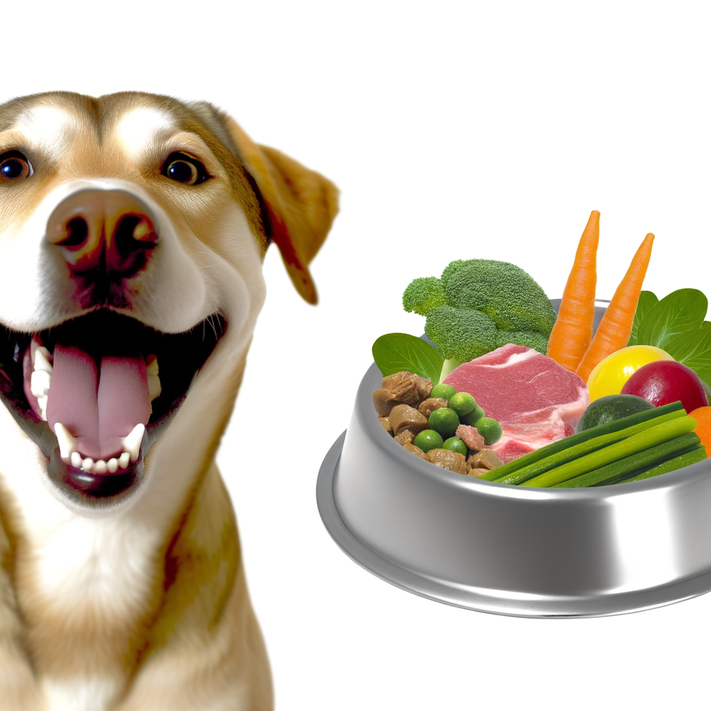 Perro feliz disfrutando comida natural saludable.